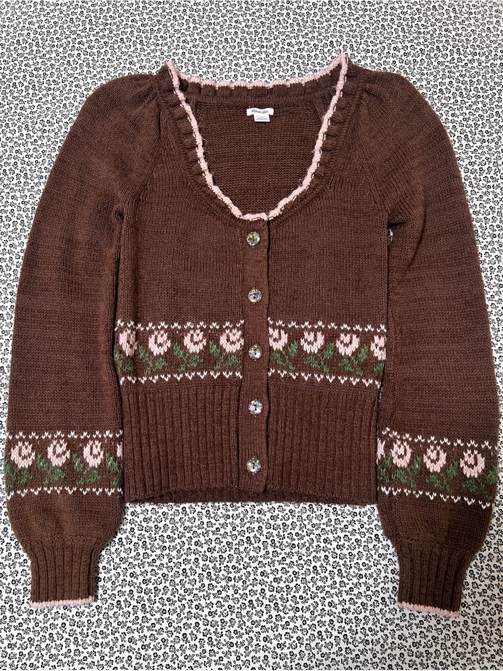 Kimchi Blue Brown Cardigan with Pink Floral Trim